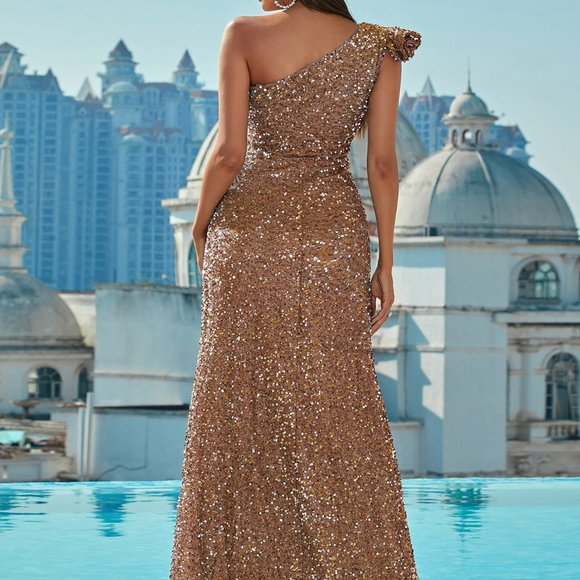 Brand New One Shoulder Ruffle Trim Sequins Prom Dress Gold - Picture 3 of 7